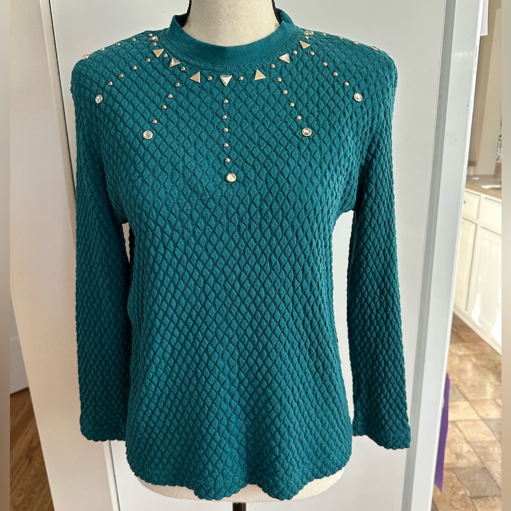 VTG 80s 90s Haband Teal Sweater Long Sleeve Shirt  Embellished Small/Medium